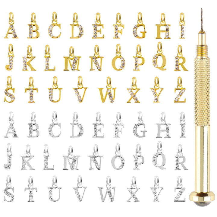 Letter Dangle Nail Charm, 3D Piercing Alphabet Rhinestone Alloy Jewelry Hoops with Nail Piercing Tool Hand Drill for Birthday Nail Art Decoration