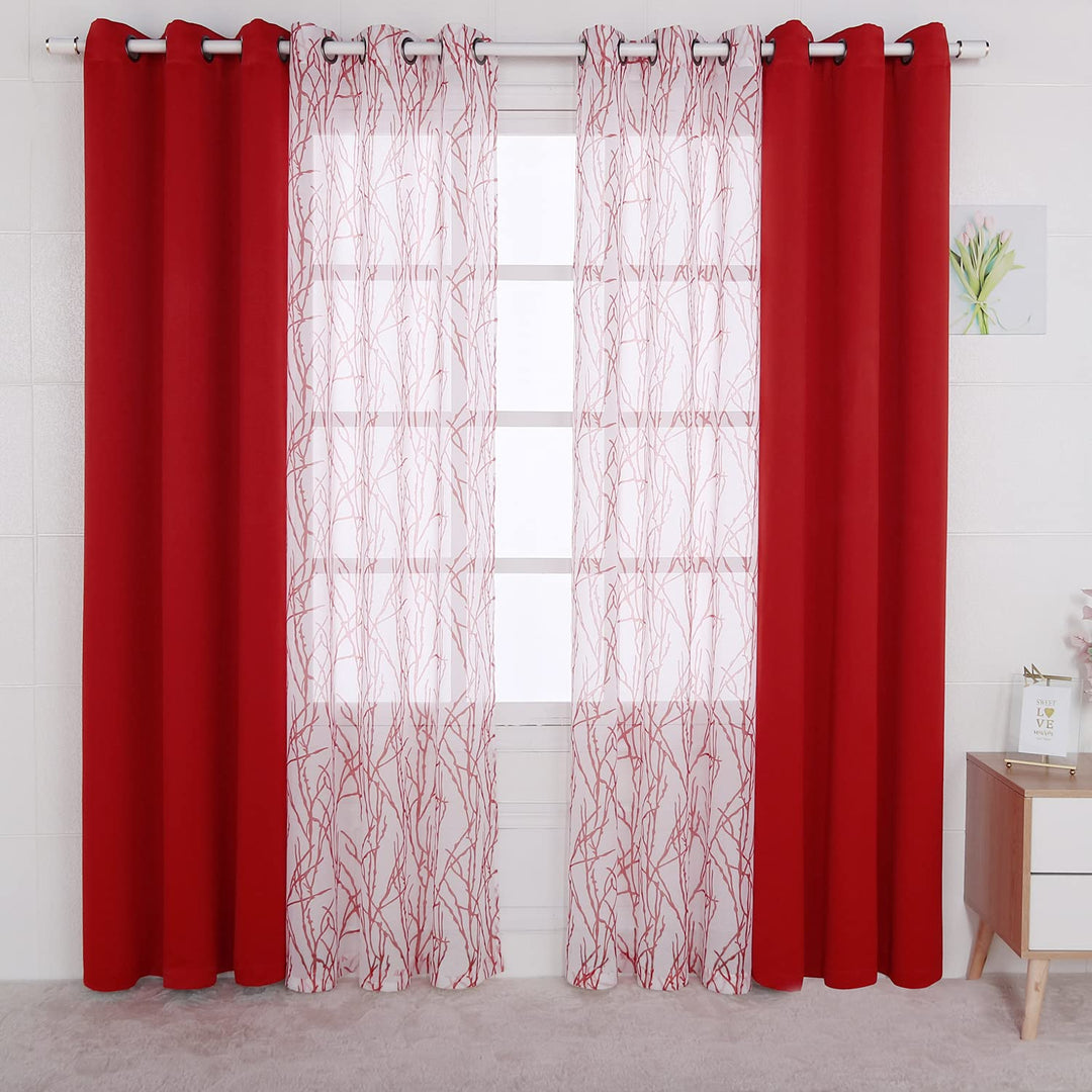 Mix and Match Curtains - 2 Pieces Branch Print Sheer Curtains and 2 Pieces Blackout Curtains for Bedroom Living Room Grommet Window Drapes, 37x63 Inch/Panel, Red, Set of 4 Panels