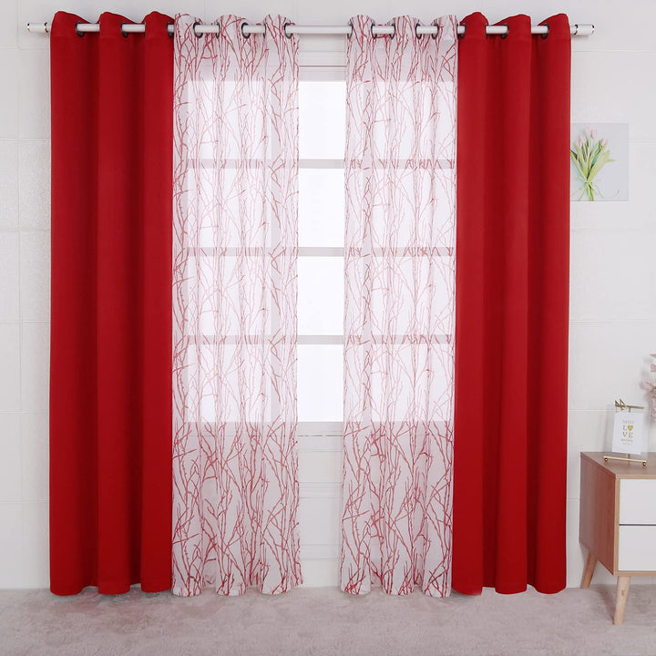 Mix and Match Curtains - 2 Pieces Branch Print Sheer Curtains and 2 Pieces Blackout Curtains for Bedroom Living Room Grommet Window Drapes, 37x63 Inch/Panel, Red, Set of 4 Panels