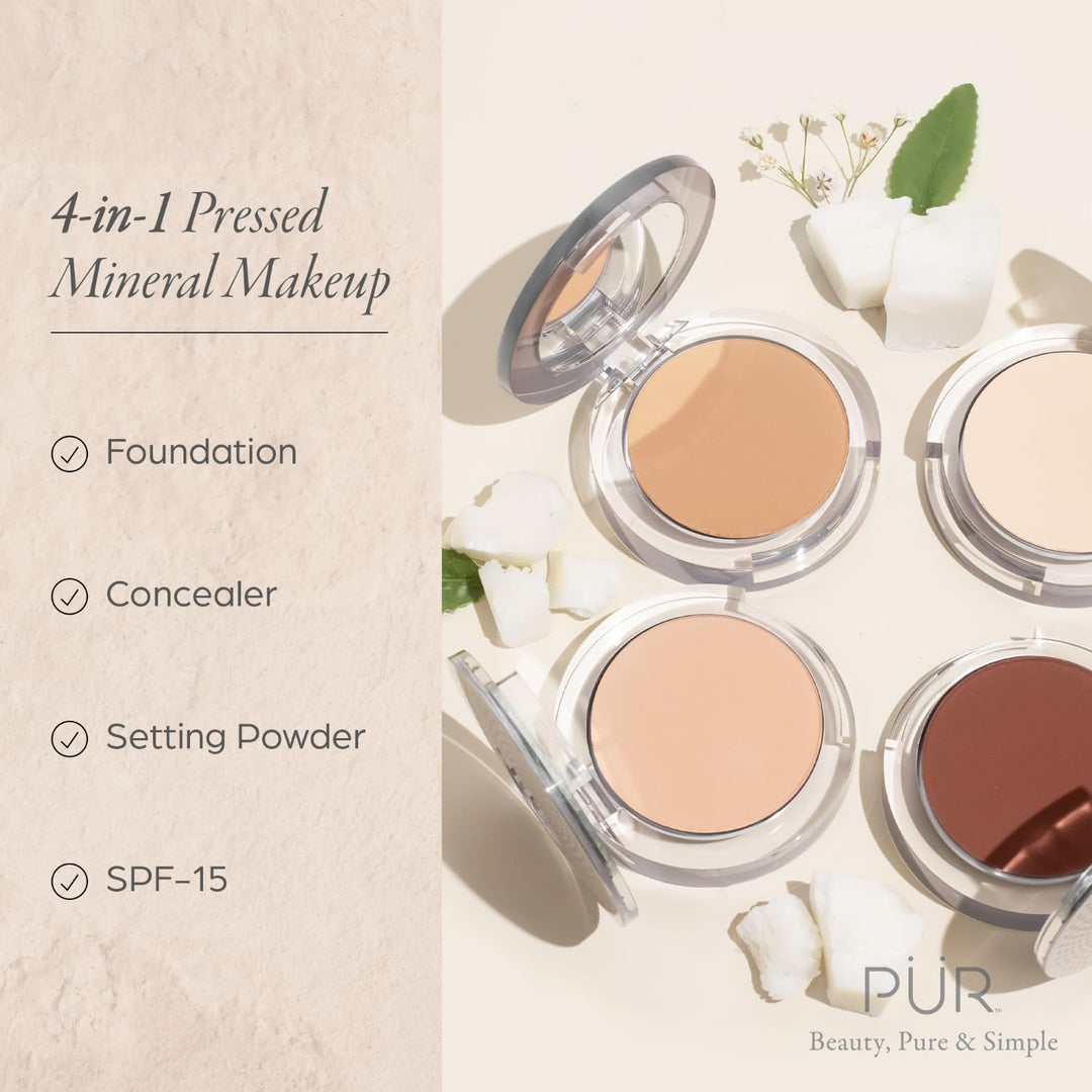 PUR Beauty 4-in-1 Pressed Mineral Makeup Powder Foundation with SPF 15 - Concealer &amp; Finishing Compact Pressed Powder for Face - Buildable Medium to Full Coverage Foundation Powder (Light Tan)