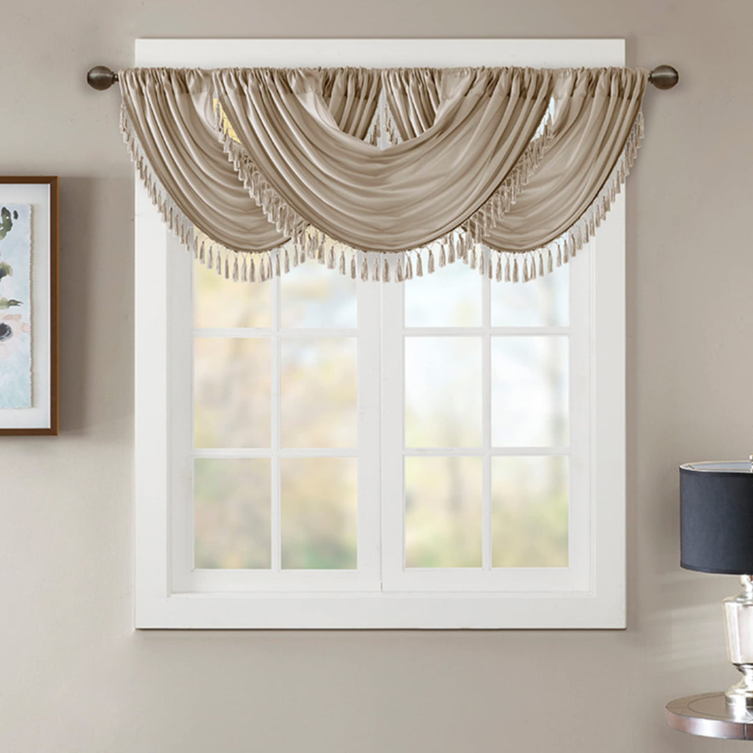 Elena Waterfall Embellished Rod Pocket Valance , Faux Silk Valances for Window , 38X46 , Champagne