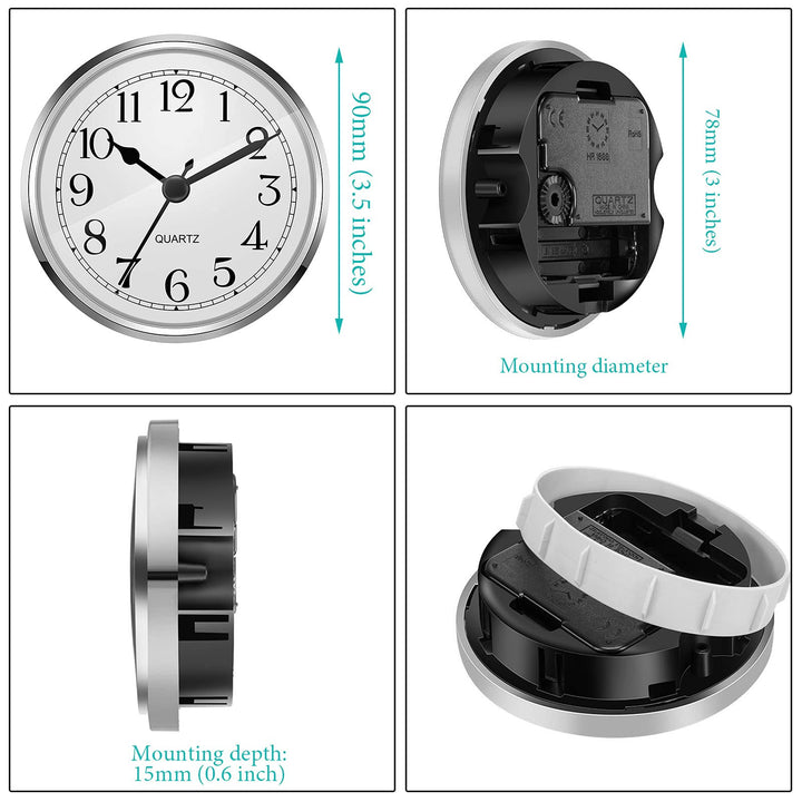 3-1/2 Inch (90 mm) Quartz Clock Fit-up/Insert with Arabic Numeral (Silver)