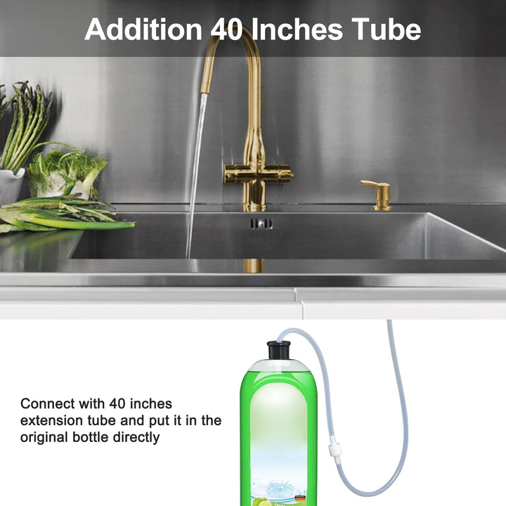 Gold Soap Dispenser for Kitchen Sink Brushed Gold Soap Dispenser Counter Soap Dispenser Gold Built in Soap Dispenser with 40 Inches Tube Sink Soap Dispenser Extension Tube Kit