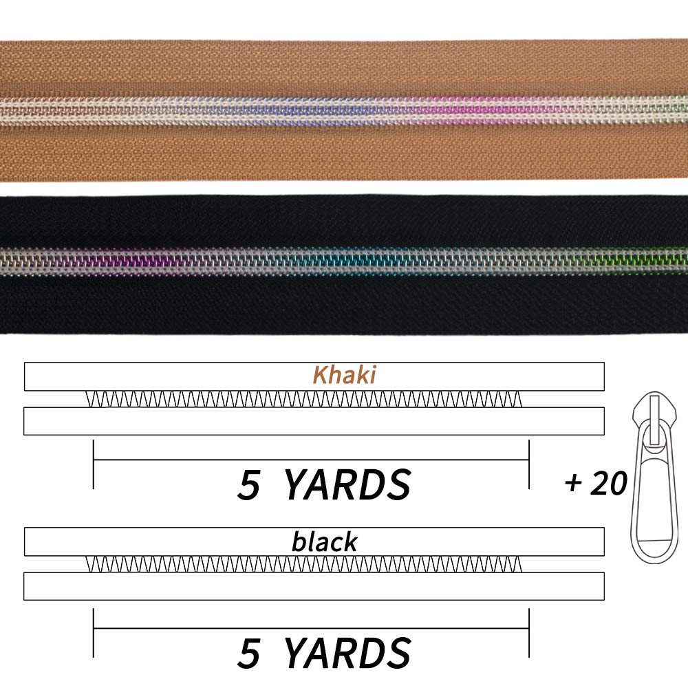VOC Zippers for Sewing,5# Zippers-Nylon Coil Zippers by The Yard,Rainbow Teeth Multicolor 10 Yard with 20PCS White Gold Zipper Slider for Tailor Crafts (Black+Khaki Tape)