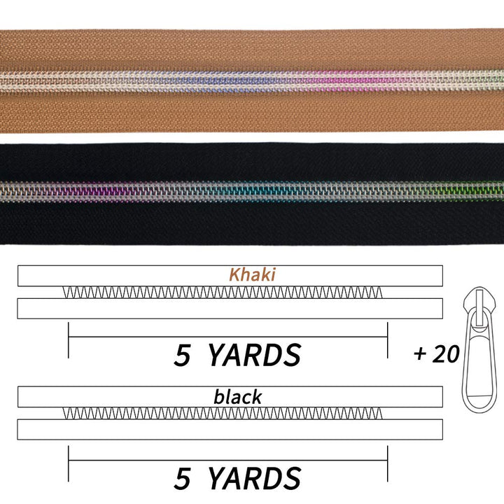 VOC Zippers for Sewing,5# Zippers-Nylon Coil Zippers by The Yard,Rainbow Teeth Multicolor 10 Yard with 20PCS White Gold Zipper Slider for Tailor Crafts (Black+Khaki Tape)