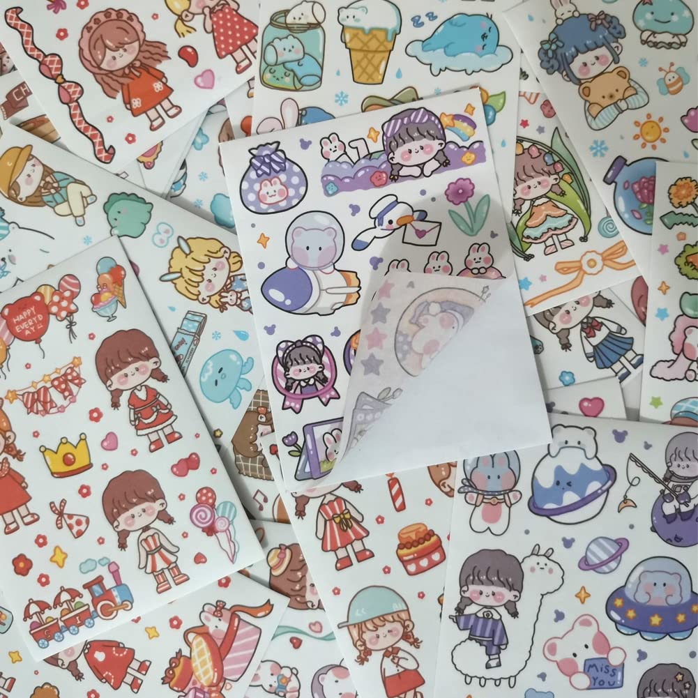 Kawaii Washi Stickers Set (50 Sheets) Cute Girl Happy Day Birthday Party Universe Marine Life Afternoon Tea Sticker for Scrapbooking Journaling Water Bottle Diary Planner Album