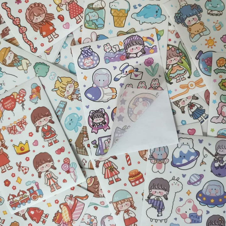 Kawaii Washi Stickers Set (50 Sheets) Cute Girl Happy Day Birthday Party Universe Marine Life Afternoon Tea Sticker for Scrapbooking Journaling Water Bottle Diary Planner Album