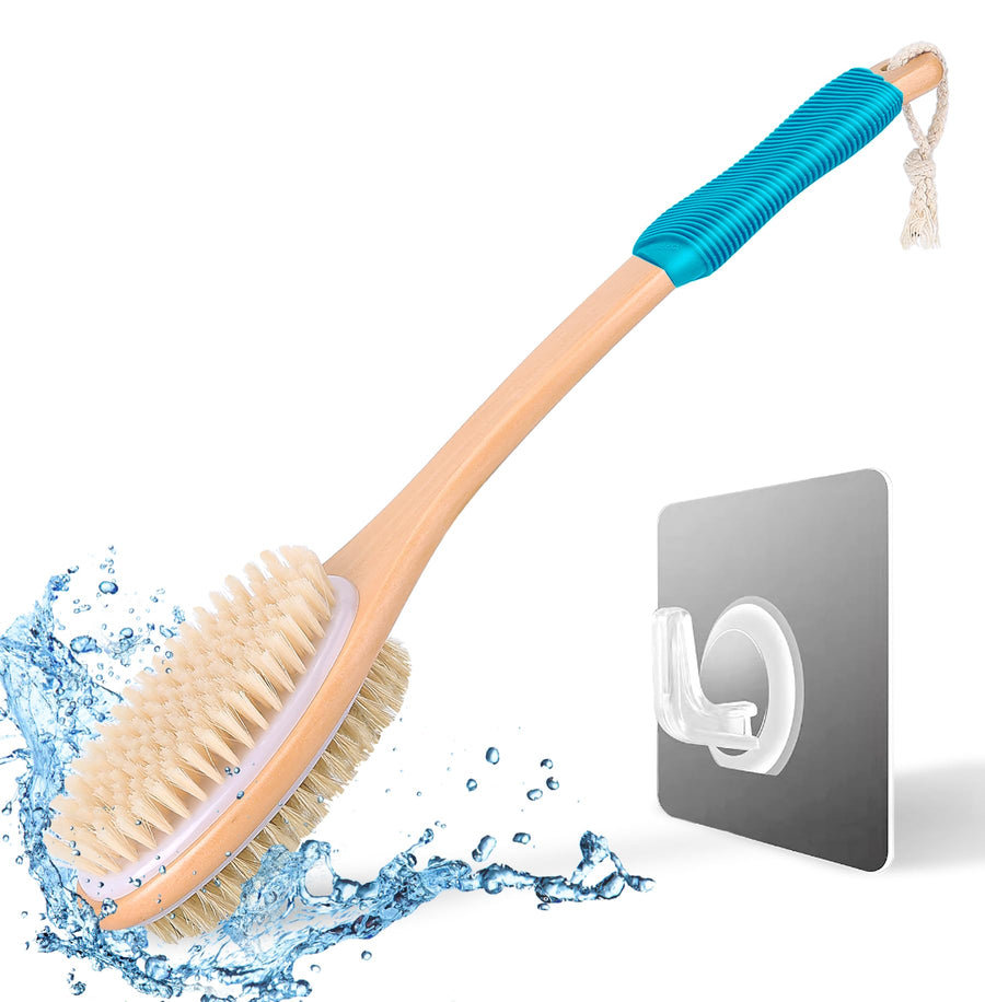 Ergonomically Back Scrubber for Shower - Double-Sided Back Brush Long Handle for Shower, Wet & Dry Brush for Cellulite and Lymphatic (Blue)