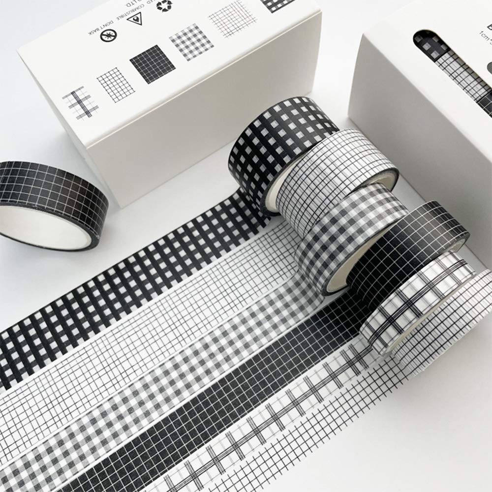 6 Roll Washi Tape Set VSCO Decorative Tape for DIY Crafts, Journals, Planners, Scrapbooking, Wrapping (Black)