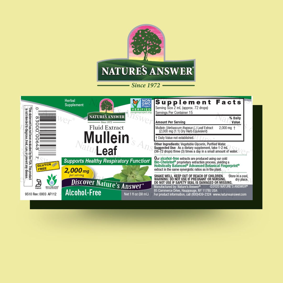 Nature&#39;s Answer Mullein Drops for Lungs, Alcohol-Free Mullein Tea, 1 Ounce Mullein Leaf Extract for Lungs, Supports Respiratory Function, Promotes Healthy Lungs, Non-GMO, Made in USA
