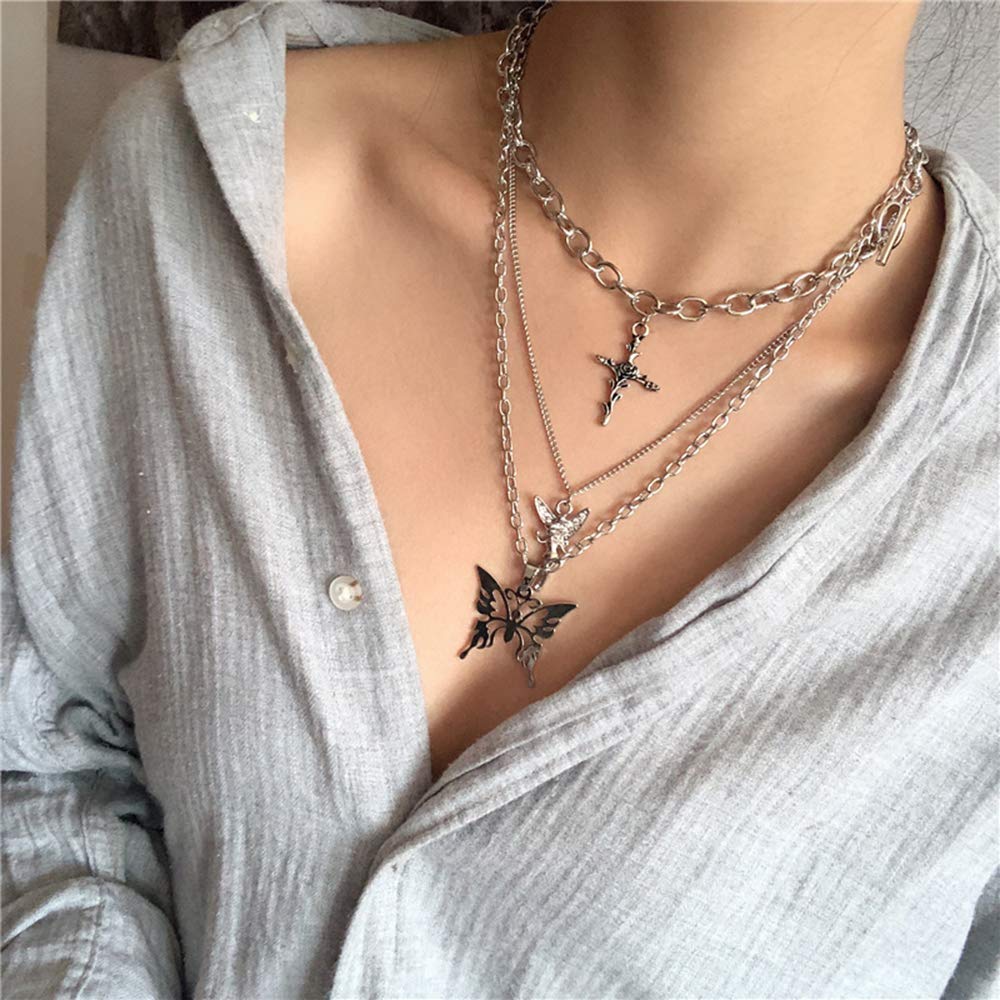 Dainty Punk Layering Chunky Chain Choker Toggle Necklace Boho Jewelry Set Layered Butterfly Cross Angel Pendant Statement Necklace Festival Statement Necklace for Women Man