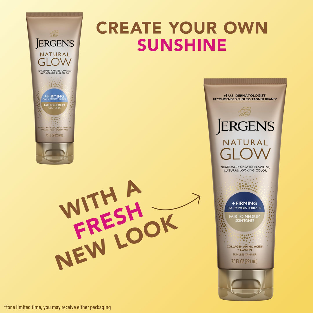 Jergens Natural Glow +Firming Self Tanner Body Lotion, Fair to Medium Skin Tone, Sunless Tanning Moisturizer with Collagen and Elastin. Helps to Visibly Reduce Cellulite, 7.5 Fl Oz