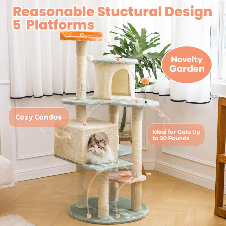 HYABi 53 Inch Flower Cat Tree - Multi-Level Cat Condo with Scratch Posts &amp; Toys, Fresh Design Eco-Friendly Material, for Multi-Cat Households &amp; Indoor Cat Playground
