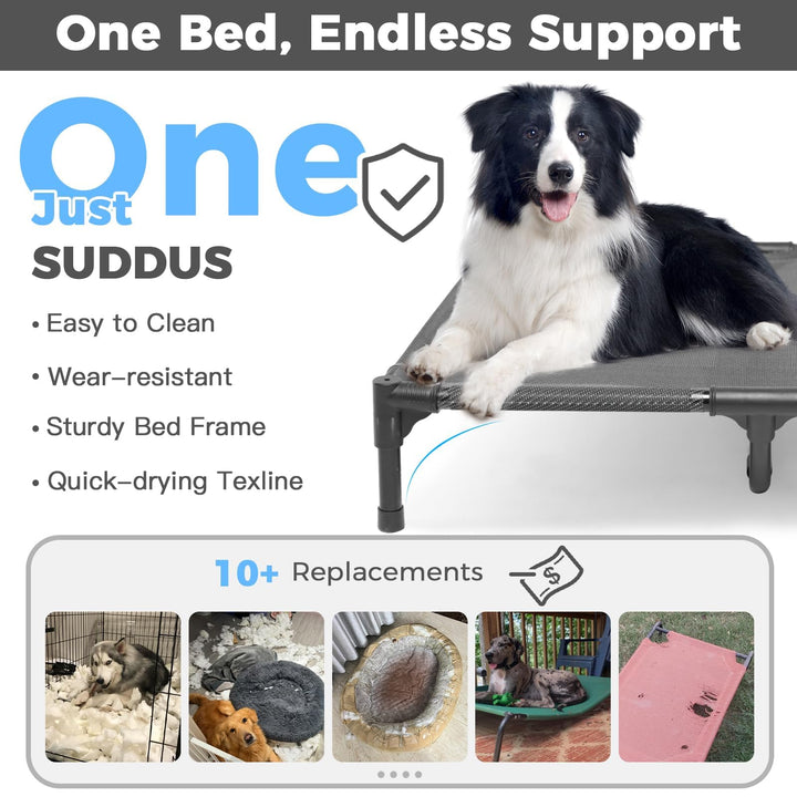 Suddus Elevated Dog Bed for Large Dogs 140lb, Breathable Cooling Raised Dog Cot with Dual Support Bars &amp; Metal Frame, No-Slip Feet, Waterproof Pet Bed for Indoor/Outdoor, X-Large, 48 * 36 * 9in, Grey