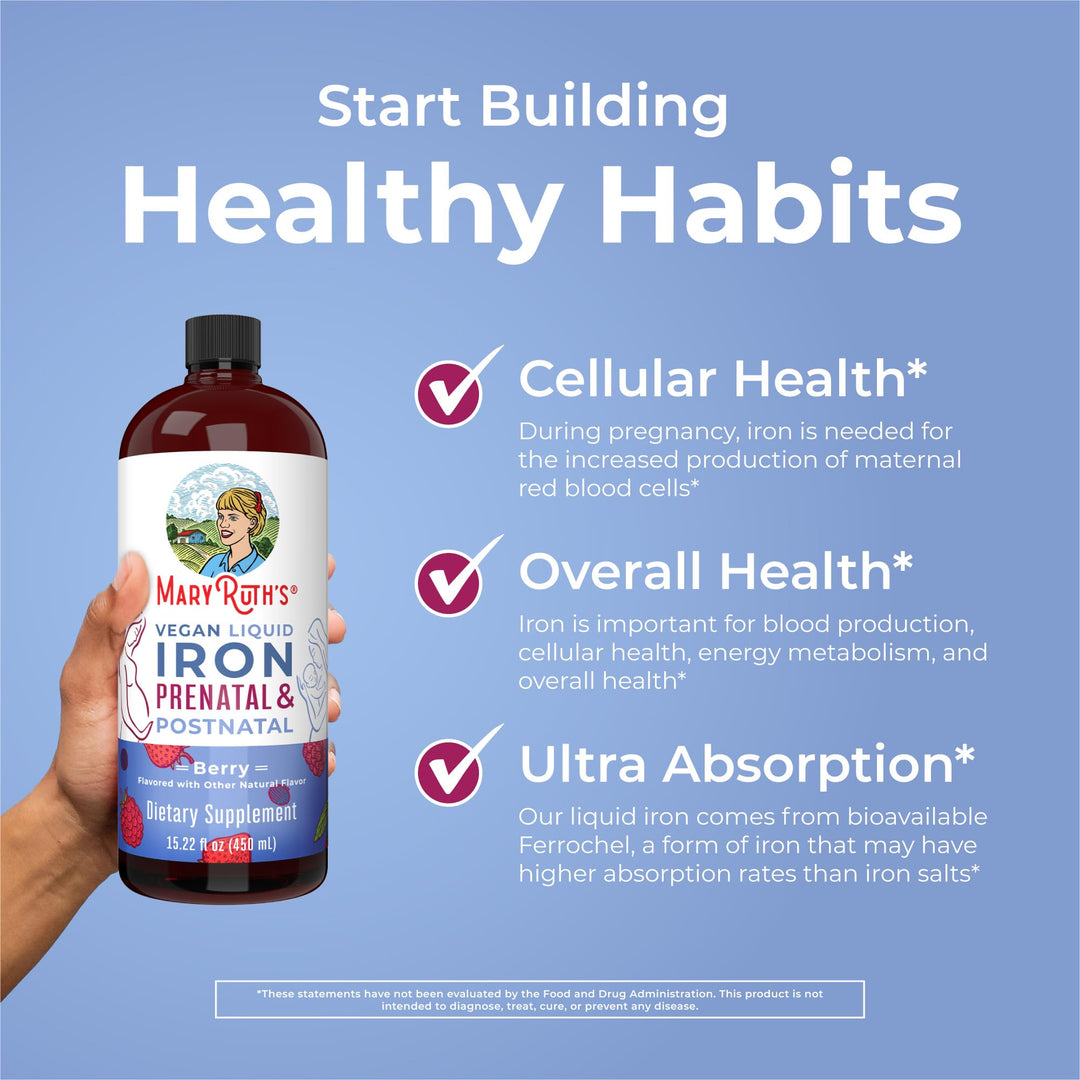 | Liquid Iron Supplement Prenatal &amp; Postnatal for Pregnant &amp; Lactating | Iron Deficiency | Immune Support | Sugar/Gluten Free | Vegan | Non-GMO | 15.22 Fl Oz