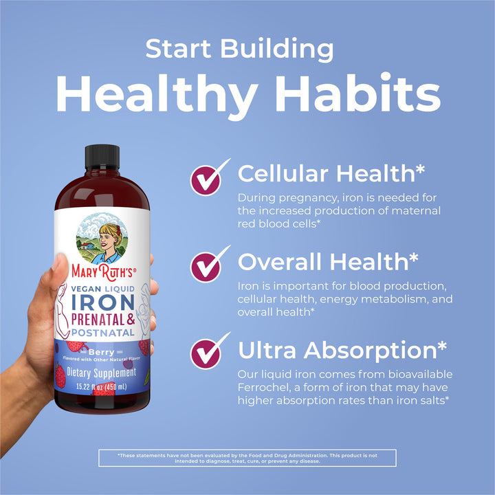 | Liquid Iron Supplement Prenatal &amp; Postnatal for Pregnant &amp; Lactating | Iron Deficiency | Immune Support | Sugar/Gluten Free | Vegan | Non-GMO | 15.22 Fl Oz