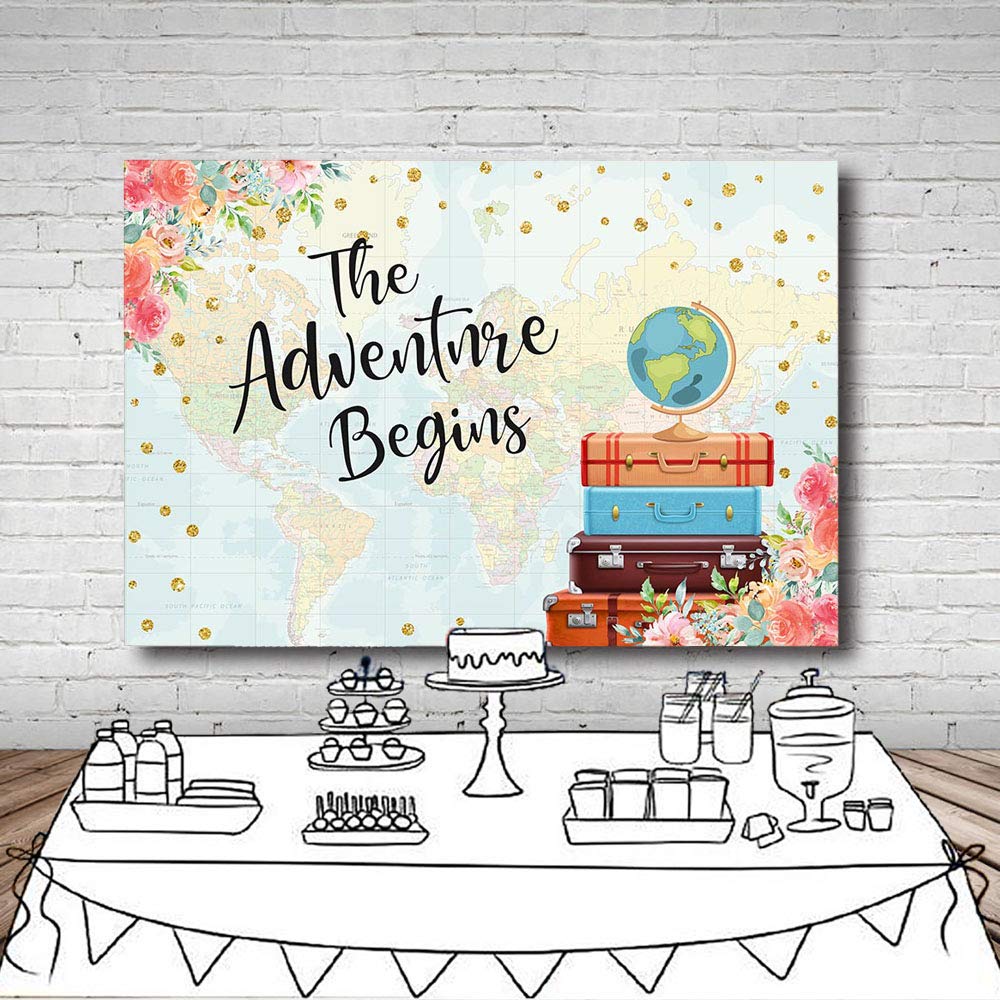 Adventure Begins Baby Shower Party Decorations Backdrop Vintage Red Floral Suitcases Travel Around The World Map Bridal Wedding Shower Photography Background Photo Banner 7x5ft