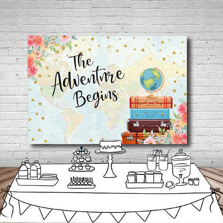 Adventure Begins Baby Shower Party Decorations Backdrop Vintage Red Floral Suitcases Travel Around The World Map Bridal Wedding Shower Photography Background Photo Banner 7x5ft