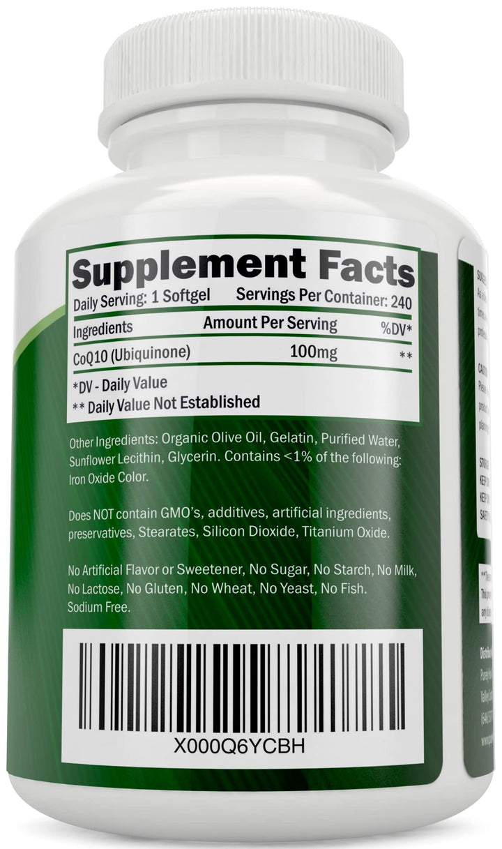 CoQ10 100mg - 240 SoftGels - 8 Month Supply - Ubiquinone Coenzyme Q10 Supplement - with Organic Olive Oil - Soy Free Co Q 10 - Made in The USA