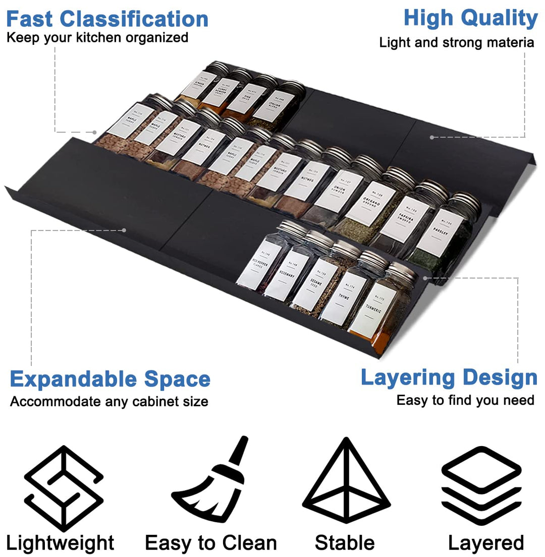 Expandable Spice Drawer Rack Organizer Insert for Kitchen Cabinet - Multi Tier Adjustable Spice Storage Shelf for Seasoning and Jar, Pack of 9