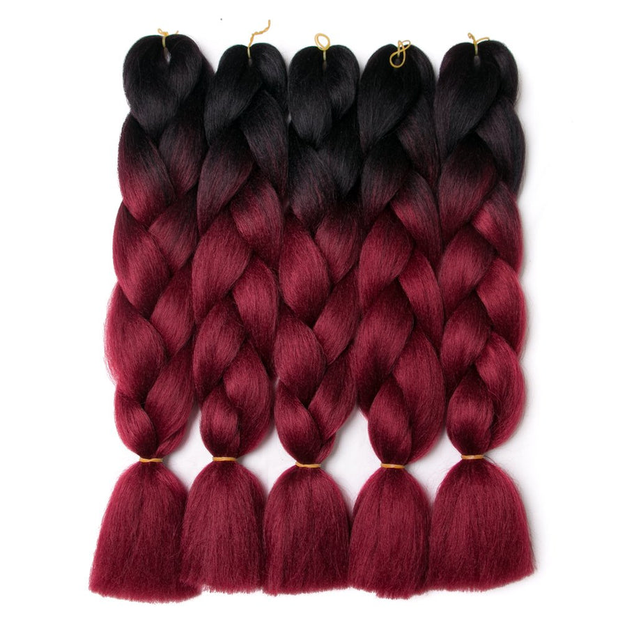 Ombre Braiding Hair 24inch Jumbo Braids High Temperature Fiber Synthetic Hair Extension 5pcs/Lot 100g/pc for Twist Braiding Hair (24inch(Pack of 5), Black-Wine Red)
