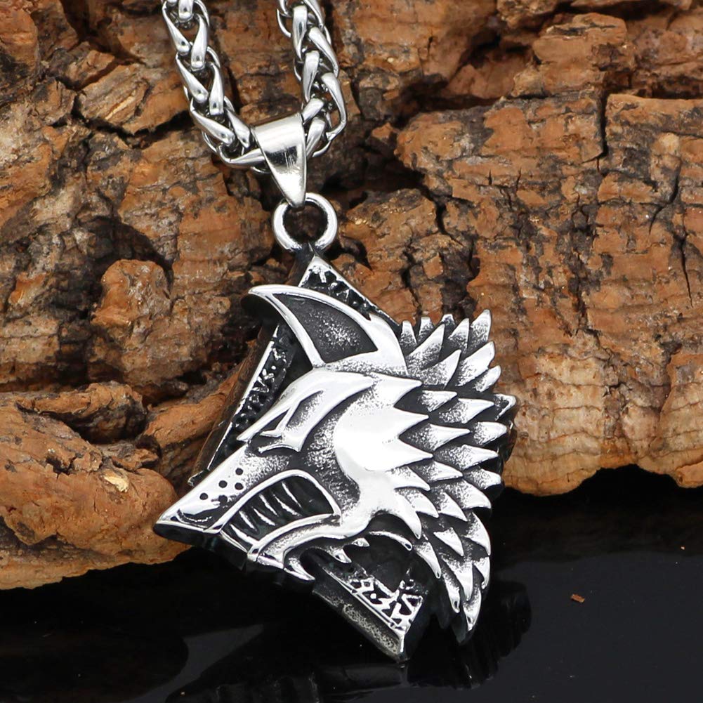 Noridc Viking Wolf Rune Stainless Steel Necklace for Men with Valknut Gift Bag