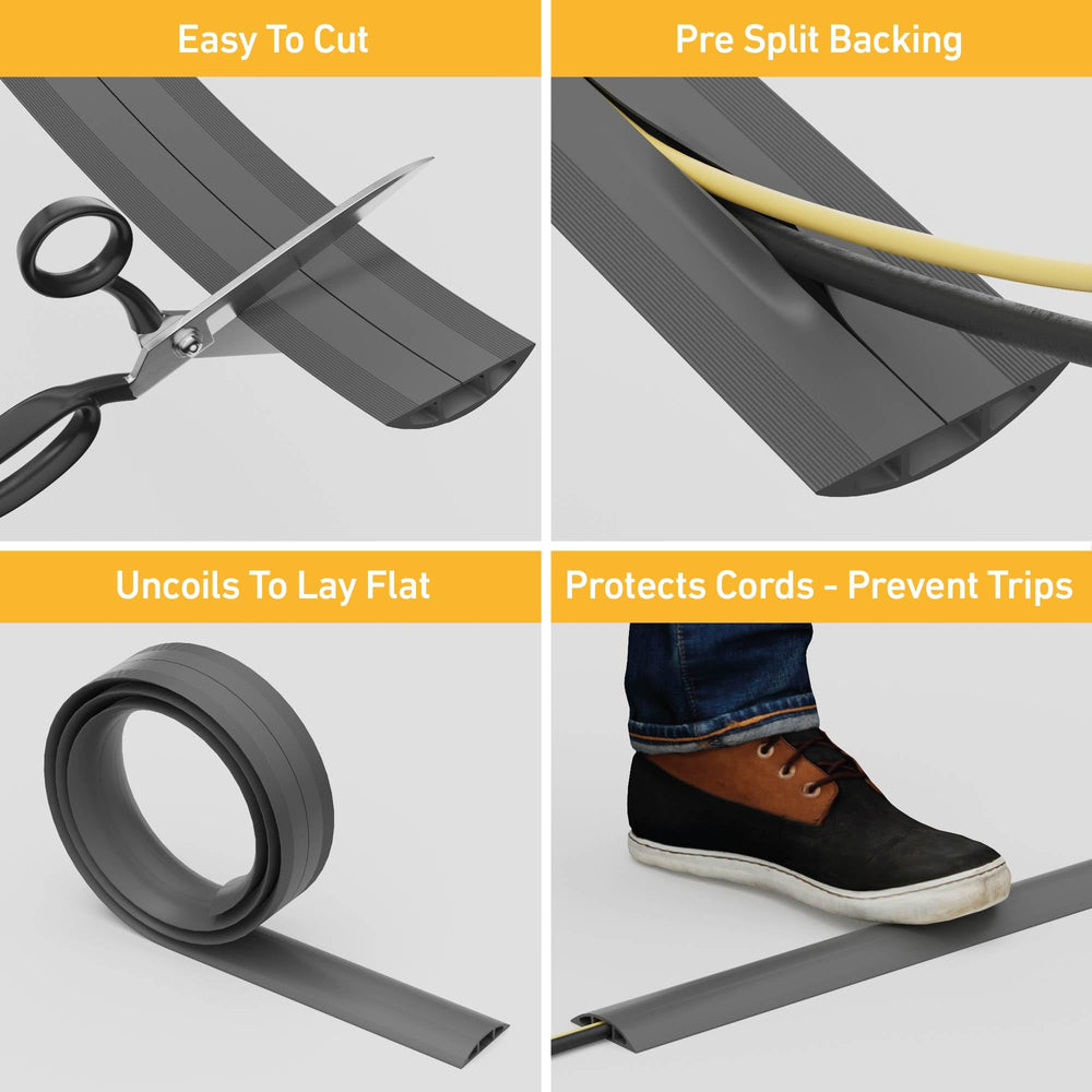 6ft Floor Cord Cover, Cable Protector, Hide Extension Cords, Protect Cords, Prevent Cable Trips, Heavy Duty Cord Hider - Cable Cavity = 0.63 (W) x 0.31 (H) - Gray