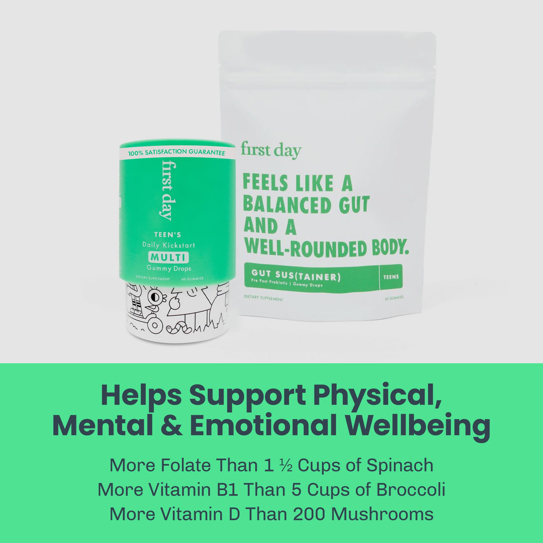 Teens Daily Multivitamin + Tribiotic Gummies – Vitamin A, D3, B6, B12, C, Pre+, Post+, Probiotics &amp; More to Support Growth, Brain Function, Immunity, Digestion – Low Sugar – 30 Day Supply