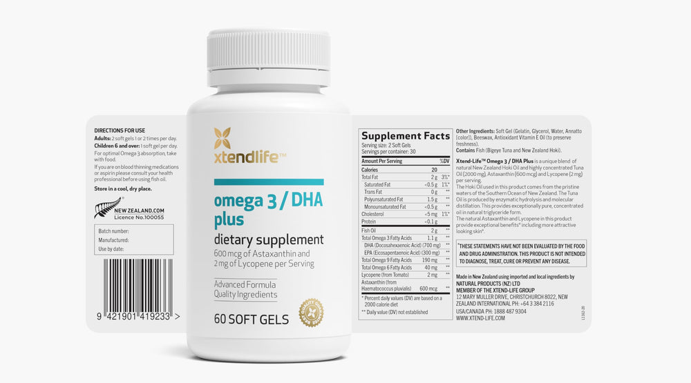 Omega 3 DHA Plus Fish Oil Supplement - 1100mg Omega-3 with DHA and EPA - Includes Lycopene and Astaxanthin to Support Heart, Brain, Eye, and Skin - 1 Month Supply (60 Count)