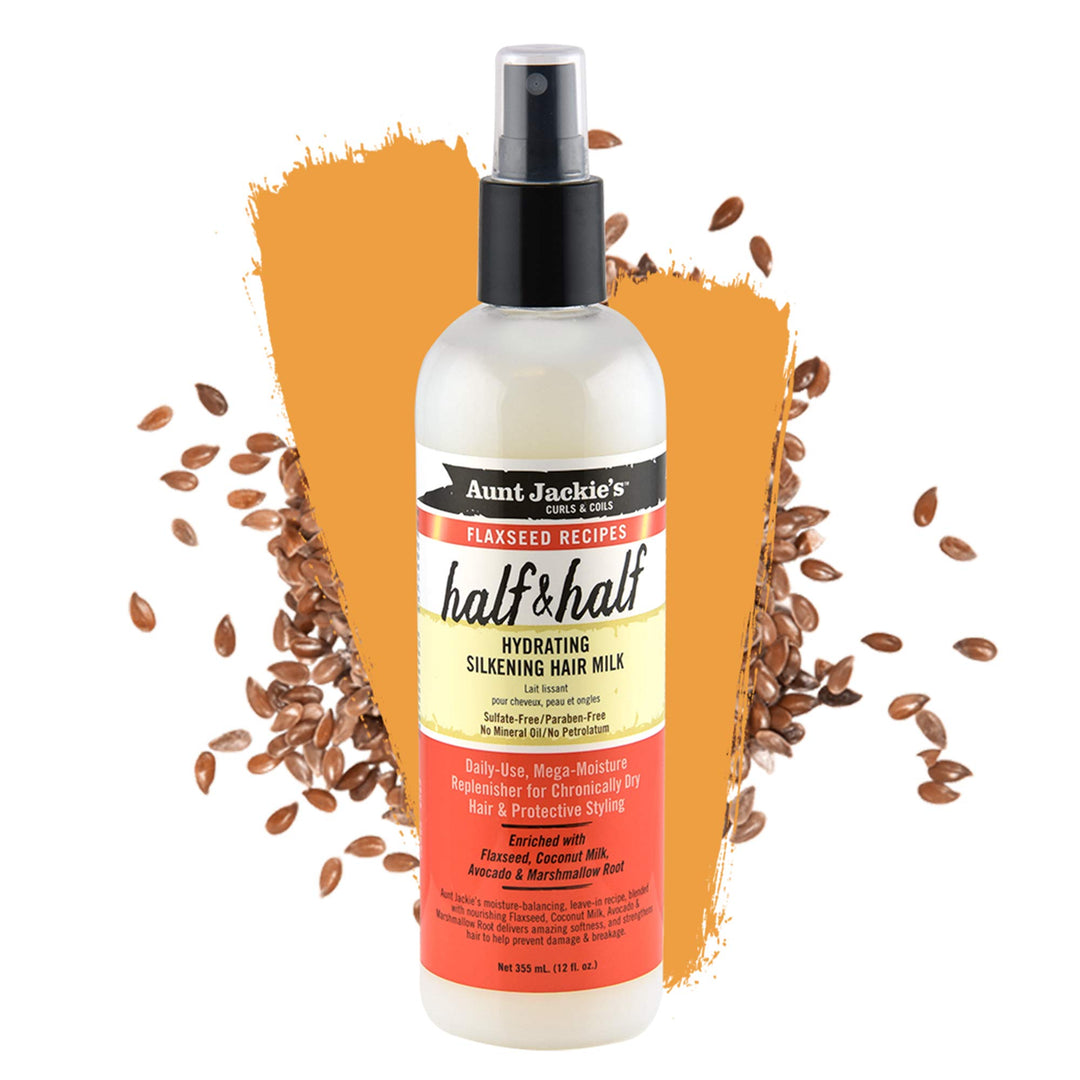 Aunt Jackie's Flaxseed Recipes Half & Half, Hydrating Silkening Hair Milk, For Daily Use, Enriched with Flaxseed, Coconet, Jojoba Oil, Shea Butter, Grapeseed and Ginseng, 12 Ounce Spray Bottle