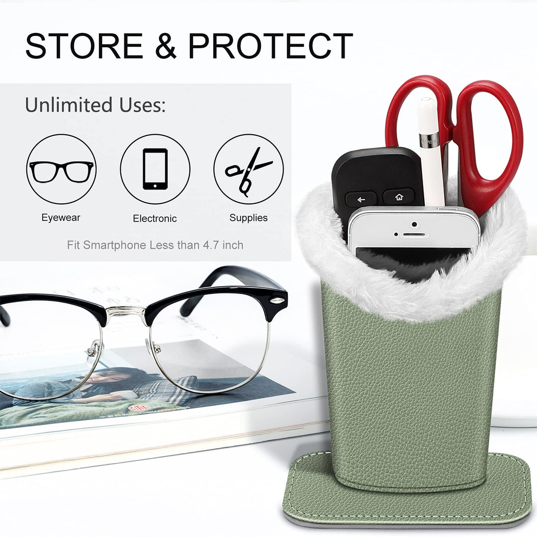 Plush Lined Eyeglasses Holder with Magnetic Base- Premium Vegan Leather Glasses Stand Case, Sage Green