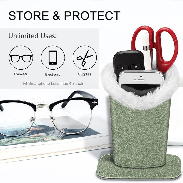 Plush Lined Eyeglasses Holder with Magnetic Base- Premium Vegan Leather Glasses Stand Case, Sage Green