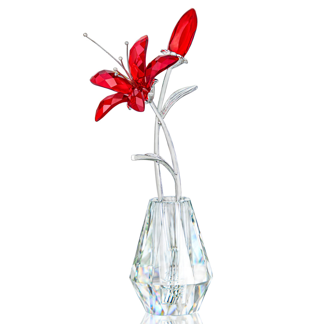 H&amp;D HYALINE &amp; DORA Crystal Calla Lily Flower Figurine Collectible Wedding Bouquets with Crystal Vase for Home Wedding Party Decor, Red Flower with Sliver Metal Stem
