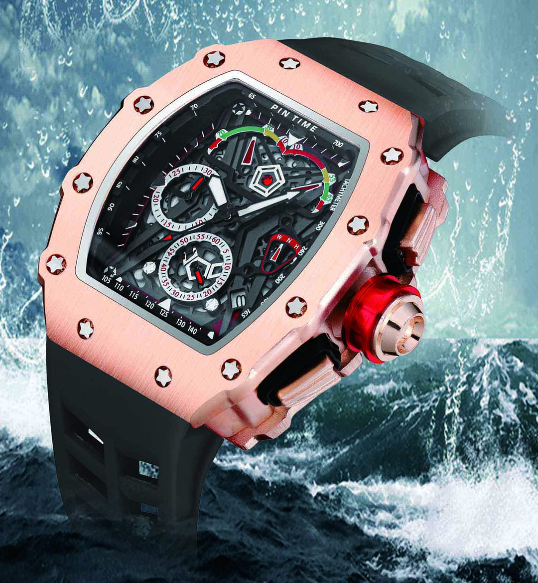 Mens Luxury Tonneau Square Watches Analog Punk Chronograph Unique Sports Wrist Watch Japanese Movement Luminous Design with Rubber Band (Rosegold Black)