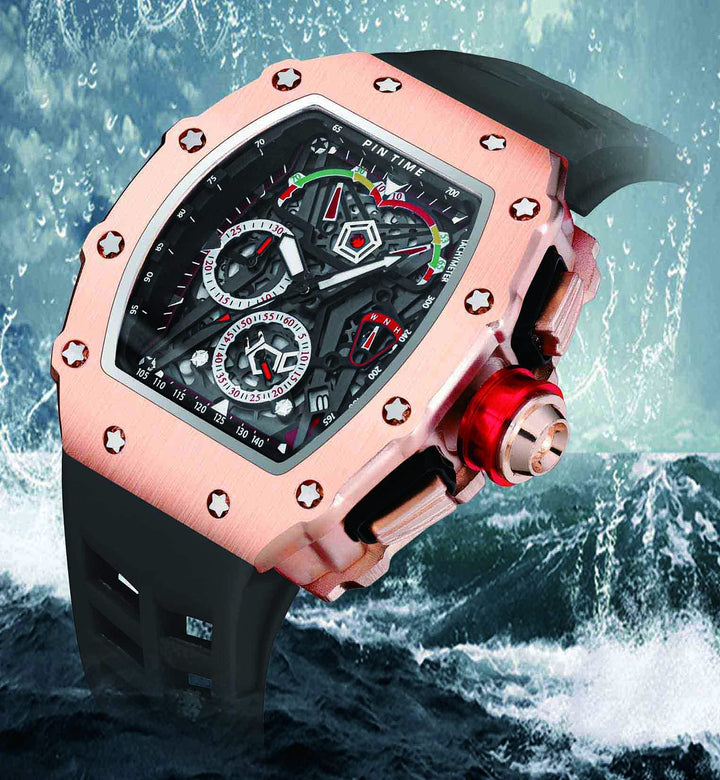 Mens Luxury Tonneau Square Watches Analog Punk Chronograph Unique Sports Wrist Watch Japanese Movement Luminous Design with Rubber Band (Rosegold Black)