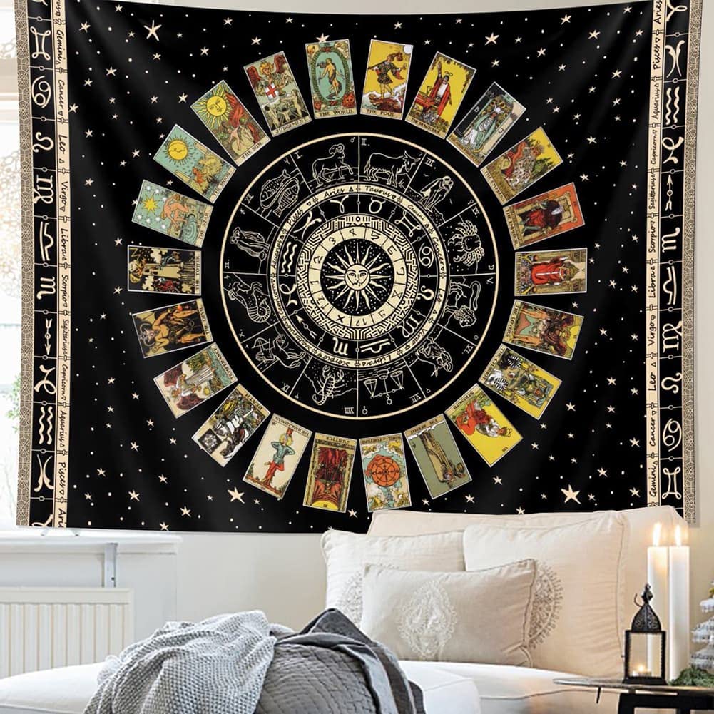 Spiritual Tapestry Star Tarot Card Tapestry Zodiac Astrology Tapestry Witch Constellation Tapestry Aesthetic Tapestry Wall Hanging for Teen Girl&#39;s Bedroom (Black 70x90 inches)