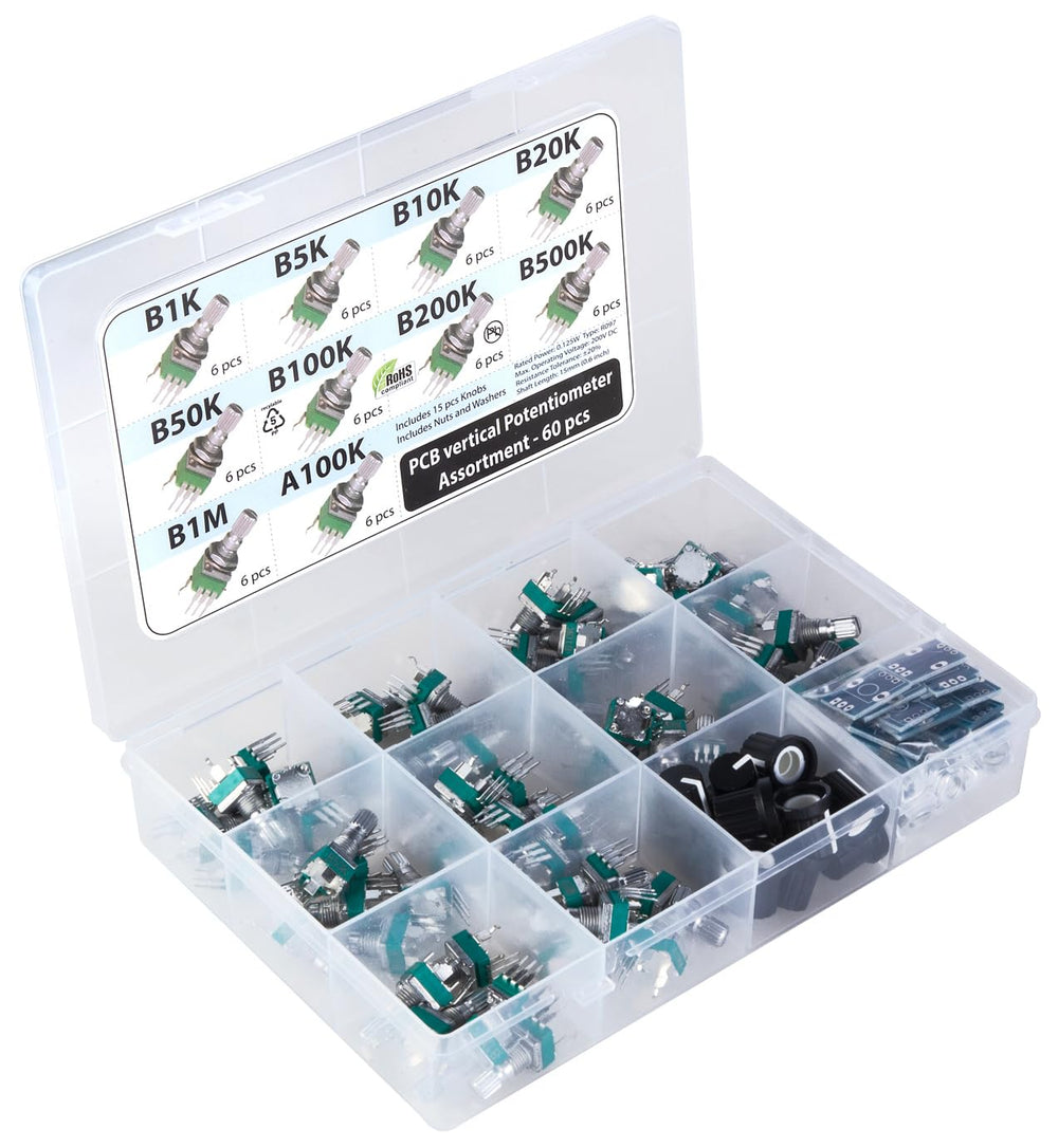 60 pcs Small 9mm onboard PCB Potentiometer Assortment 10 Values, B1K, B5K, B10K, B20K, B50K, B100K, B200K, B500K, B1M and A100K, Vertical Legs Terminal, 15mm axis, RV097 SMD