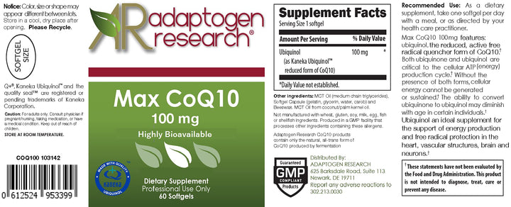 Max CoQ10 100mg | Biologically Active Coenzyme Q10 Kaneka Ubiquinol | Crystal Free High Dose | Readily Absorbed Supplement | 60 Softgels |