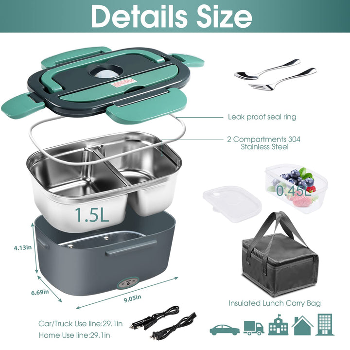 Electric Lunch Box 60W Food Heater, Upgraded 2 Compartments Portable Heated Lunch Box for Adults Car Truck Work Travel, Self Heating Lunch Box with 1.5L 304 SS Container, 110V/12V/24V