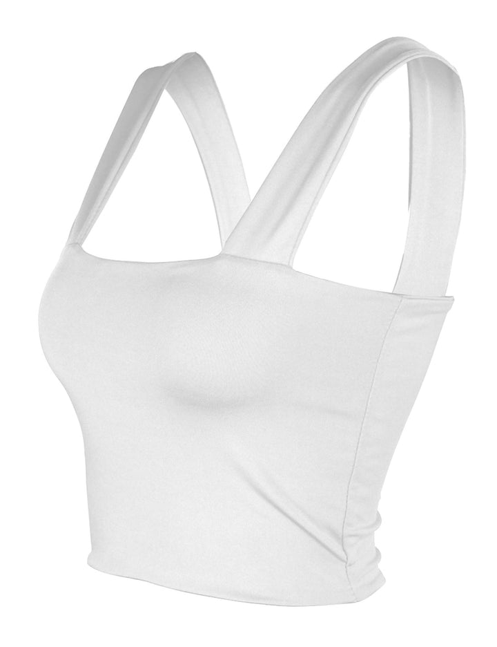 Women Summer Basic Crop Top Solid Sleeveless Stretch Crop Vest Square Neck Slim Crop Tank Top White