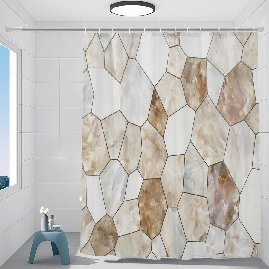 Brown Beige Geometric Marble Shower Curtain, Abstract Creative Beautiful Artwork Design Shower Curtain Long wide with Rust Proof for Bathroom Bathtub Waterproof Washable