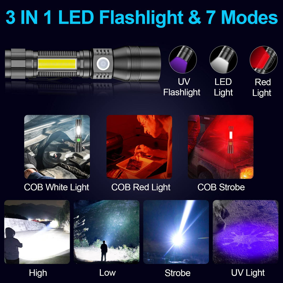 UV Flashlight Rechargeable,3 in1 Super Bright Tactical Flashlight LED UV Black Light&amp;Redlight,1200Lumen 7Modes, Zoomable, Waterproof for Pet Clothing Detection/Emergency/Camping,2 Pack