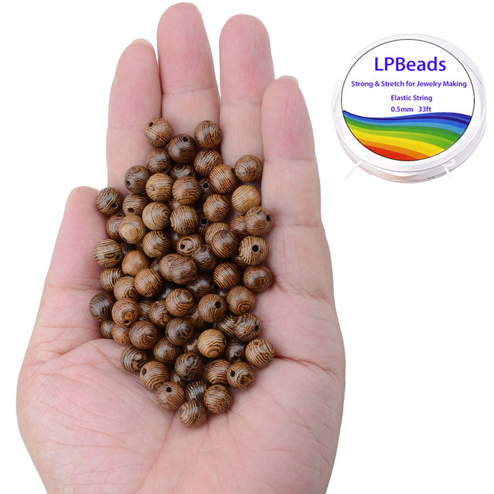 100PCS 8mm Natural Round Wood Beads for Jewelry Making with Crystal Stretch Cord