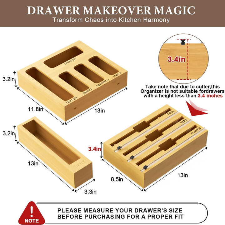 Bamboo Foil and Plastic Wrap Organizer for Kitchen Drawer, 2024 New 9 in 1 Plastic Bag Organizer Organization and Storage, Food Storage Bag Organizer with Labels for Quart Gallon Snack (White)