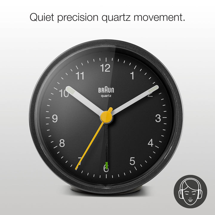 Braun Classic Analogue Alarm Clock with Snooze and Light, Quiet Quartz Movement, Crescendo Beep Alarm in Black, Model BC12B.