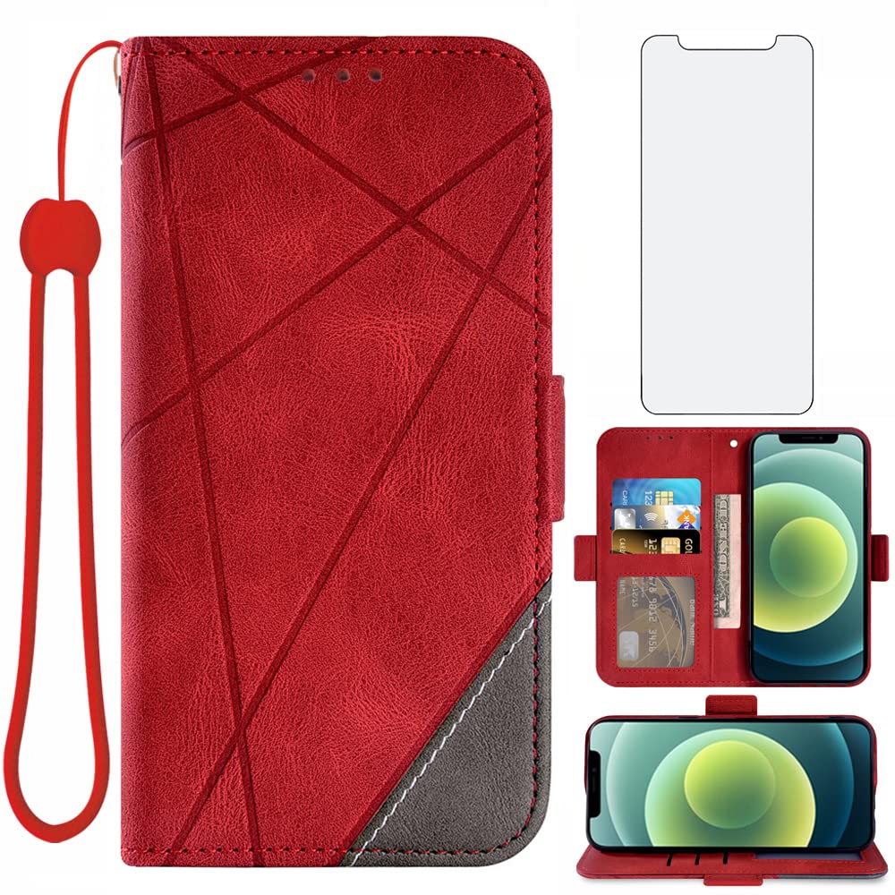 Compatible with iPhone 12 Pro iPhone12 6.1 Wallet Case and Tempered Glass Screen Protector Leather Flip Cover Card Holder Lanyard Stand Cell Phone Cases for iPhone12pro 5G i 12s iPhone12 12pro Red