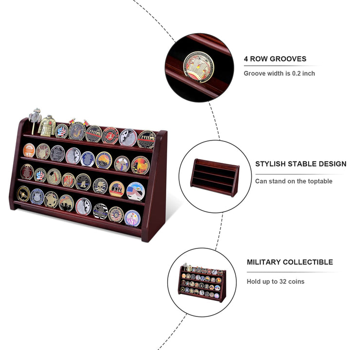 4 Rows Military Wooden Challenge Coin Display Case Wall Mountable Army Coin Holder Stand Rack, Holds 32 Coins, Mahogany