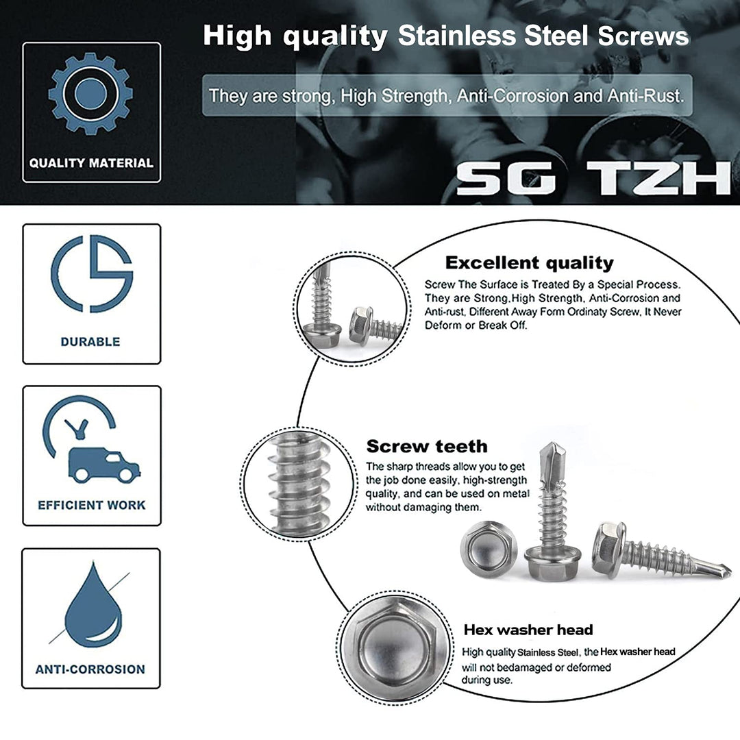 #14 x 2 Sheet Metal Screws 100PCS 410 Stainless Steel Hex Washer Head Fast Self Tapping Screws by SG TZH