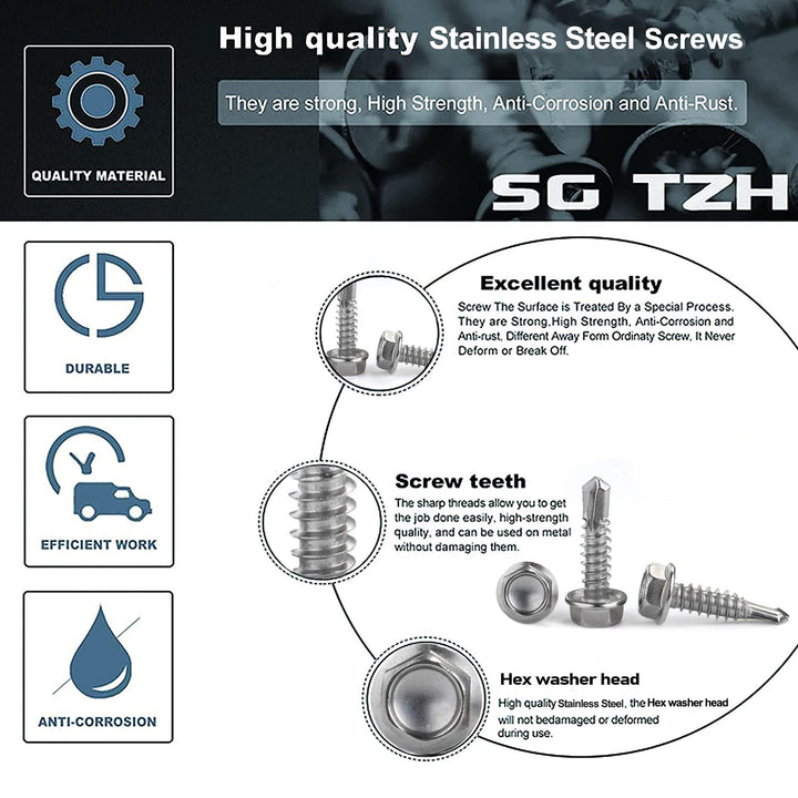 #14 x 2 Sheet Metal Screws 100PCS 410 Stainless Steel Hex Washer Head Fast Self Tapping Screws by SG TZH