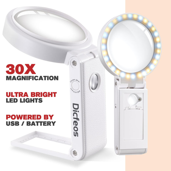 Dicfeos 30X 40X Magnifying Glass with Light and Stand, 